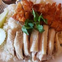 5.Chicken Combo Rice · Poached chicken, fried chicken breast, and chicken rice.