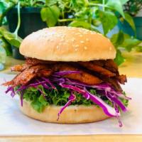 Vegan BBQ Pork Burger · Fried BBQ flavor vegan pork, lettuce, cucumber, red cabbage, mayo