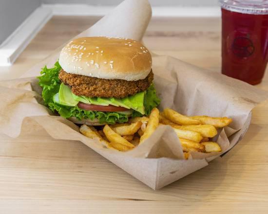 Crispy Portobello Burger Combo · Fried portobello mushroom, lettuce, tomato, avocado, cucumber and mayo.