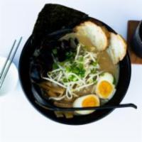 Miso Ramen    · Roasted pork, boiled egg, Kikurage mushroom, bamboo shoots, green onion, sprouts, fish cake.