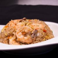 Shrimp fried rice  · jumbo shrimp Fried rice with salt pepper，soy sauce and homemade garlic butter。