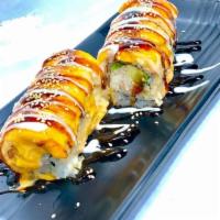 Bake Salmon Roll · Snow crab, cream cheese and avocado inside, top with salmon, bake style, drizzled with eel s...