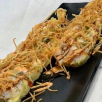 Happy Sumo Roll · Shrimp tempura, snow crab cream cheese and avocado, wrapped with soy paper, tempura style, t...