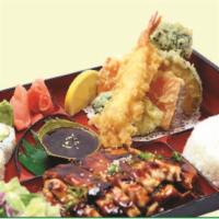 33. Chicken Bento · Served with 4pc CA roll, mixed tempura, steamed rice, miso soup and salad