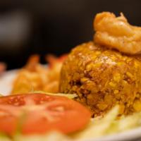 Mofongo de Camarones Lunch · Fried plantain with pork grinds and garlic with Shrimp