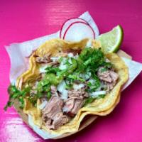 Carnitas Taco · soft corn tortillas, lettuce, onions, cilantro & salsa verde