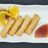 1. Thai Spring Rolls · 4 pieces. Glass noodles, carrots, cabbage, taro and celery in a rice paper roll, deep-fried ...