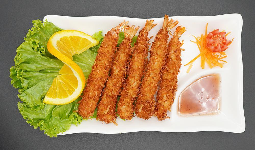 8. Coconut Prawns · 5 pieces. Prawns coated in coconut and fried until crispy. Served with tropical sauce.