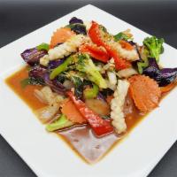 43. Sweet Eggplant Stir Fry · Your choice of meat stir fried with eggplant, bell pepper, onion, celery, sweet basil and ou...