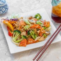 49. Pad Woon Sen · Glass noodles stir fried with egg, cabbage, baby corn, snow peas, tomatoes, mushrooms, onion...