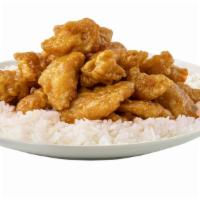 Orange Chicken · Crisp pieces of fried chicken in an sweet orange sauce served on steamed rice.