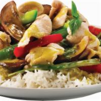 Green Curry · Medium Spicy. Green Thai chili coconut curry with bell pepper, onion, Thai basil, mushrooms ...
