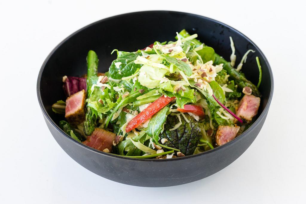 Paleo Diet Salad · Spring mix, baby kale, green cabbage, broccoli, asparagus, bell pepper, roasted almonds, french tarragon shallot vinaigrette, seared ahi tuna.