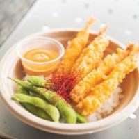 Tempura Shrimp · Golden fried shrimp (4), cucumber & choice of sauce. Over choice of white rice, brown rice o...