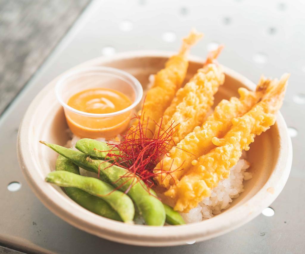 Tempura Shrimp · Golden fried shrimp (4), cucumber & choice of sauce. Over choice of white rice, brown rice or salad.