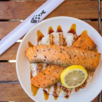 Seared Salmon Bowl · Sushi grade salmon 2 pieces pan-seared in butter, served with edamame, lemon wedge, and choi...