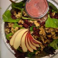 Apple Walnut Salad · Mixed greens with walnuts, dried cranberries, apple slices and cranberry vinaigrette.