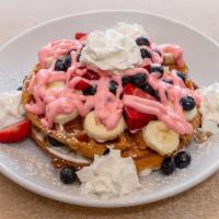 Stuffed Waffle · Mixed berries, bananas and mascarpone cheese and toppped with strawberry cream.