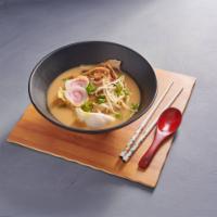 Tonkotsu Ramen · Ramen noodles in pork broth, scallions, kamaboko, bean sprouts, bamboo shoots, pickled ginge...