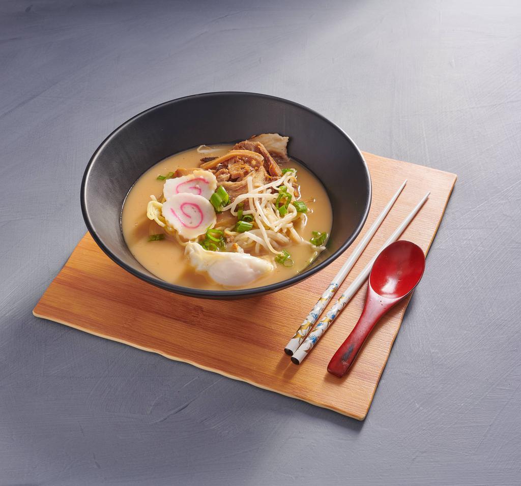 Tonkotsu Ramen · Ramen noodles in pork broth, scallions, kamaboko, bean sprouts, bamboo shoots, pickled ginger and egg. Choice of pork or tofu.