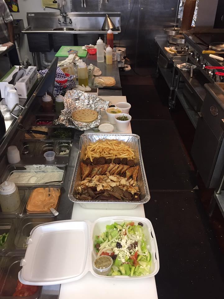 Family Platter · 1 LB Gyro meat, 1 LB marinated grilled chicken, 8 falafels, 12 oz. tabouli, 12 oz. hummus, 6 gyro wontons, 6 spanakopita wontons, large order of sea salt fries and a large Mediterranean salad served with 6 fresh grilled pita and assorted dipping sauces.