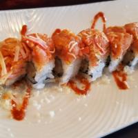 Buffalo Grove Roll · Shrimp tempura inside, with spicy tuna and kanikama wrapped on top with a touch of tempura f...