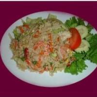 53. Thai Fried Rice · Jasmine cooked rice, stir-fried with cabbages, green pea, carrots, onions, garlic and egg.
