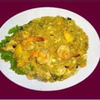 57. Mango Shrimp and Chicken Fried Rice · Jasmine cooked rice, stir-fried with mango, raisins, peas, carrots, onions, egg, cashew nut ...