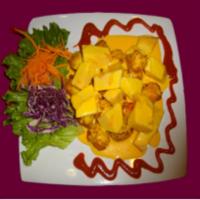 77. Mango Orange Chicken · Deep-fried chicken breast battered topped with mango and special dressing.