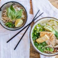 Gardener's Pho (V) · Traditional Vietnamese Rice noodles, tofu, mushroom mix, bok choy and spinach topped with a ...