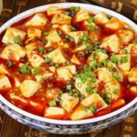 Mapo Tofu with Minced Meat 麻婆豆腐 · Toufu with grounded pork and chili bean sauce 