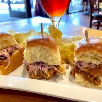 Pulled Pork Slider plate · Pulled pork with special BBQ sauce, served with creamy Cole slaw on Brioche bun (Three slide...