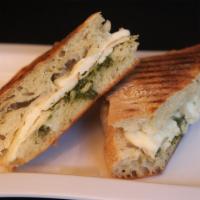 Chicken and Pesto Panini · Grilled chicken, pesto, sweet red roasted peppers, fresh mozzarella cheese, tomato and fresh...