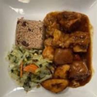 Cow Foot · Served with choice of side: white rice or rice & peas, plantains and steam vegetables 