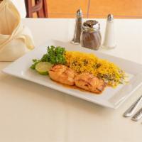 Salmon Kabob · Marinated and charbroiled salmon fillet. Served with basmati saffron rice.