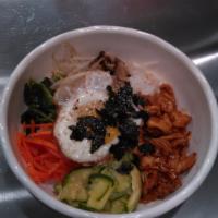 59. Bibimbab · Rice topped with assortment of seasoned vegetables and fried egg, served with miso soup. Cho...