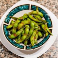 Spicy Edamame · Boiled soy beans wok-tossed in Thaison spicy garlic chili.