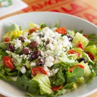 Aristotele Salad · Arugula, goat cheese, roasted cherry tomatoes, Kalamata pitted olives, cucumbers and olive o...
