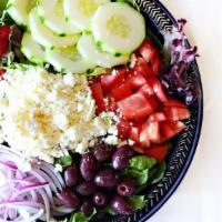 Greek Salad · Mixed greens, Roma Tomatoes, Red Onions, Roasted Red Bell Peppers, Cucumbers, Kalamata Olive...
