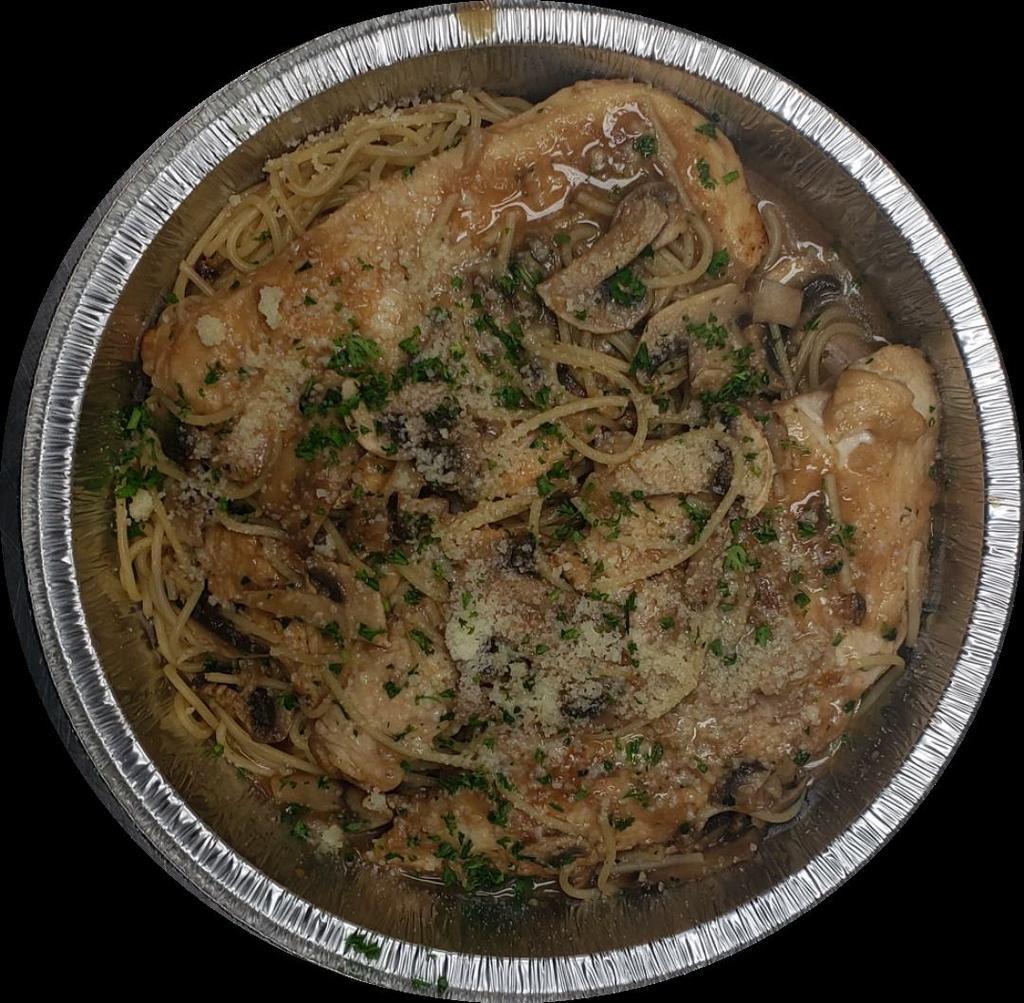Chicken Marsala · Two Pieces of Chicken Breast cooked in Olive Oil, Marsala Wine, unsalted Butter and sliced Mushrooms, served with Thin Spaghetti. 