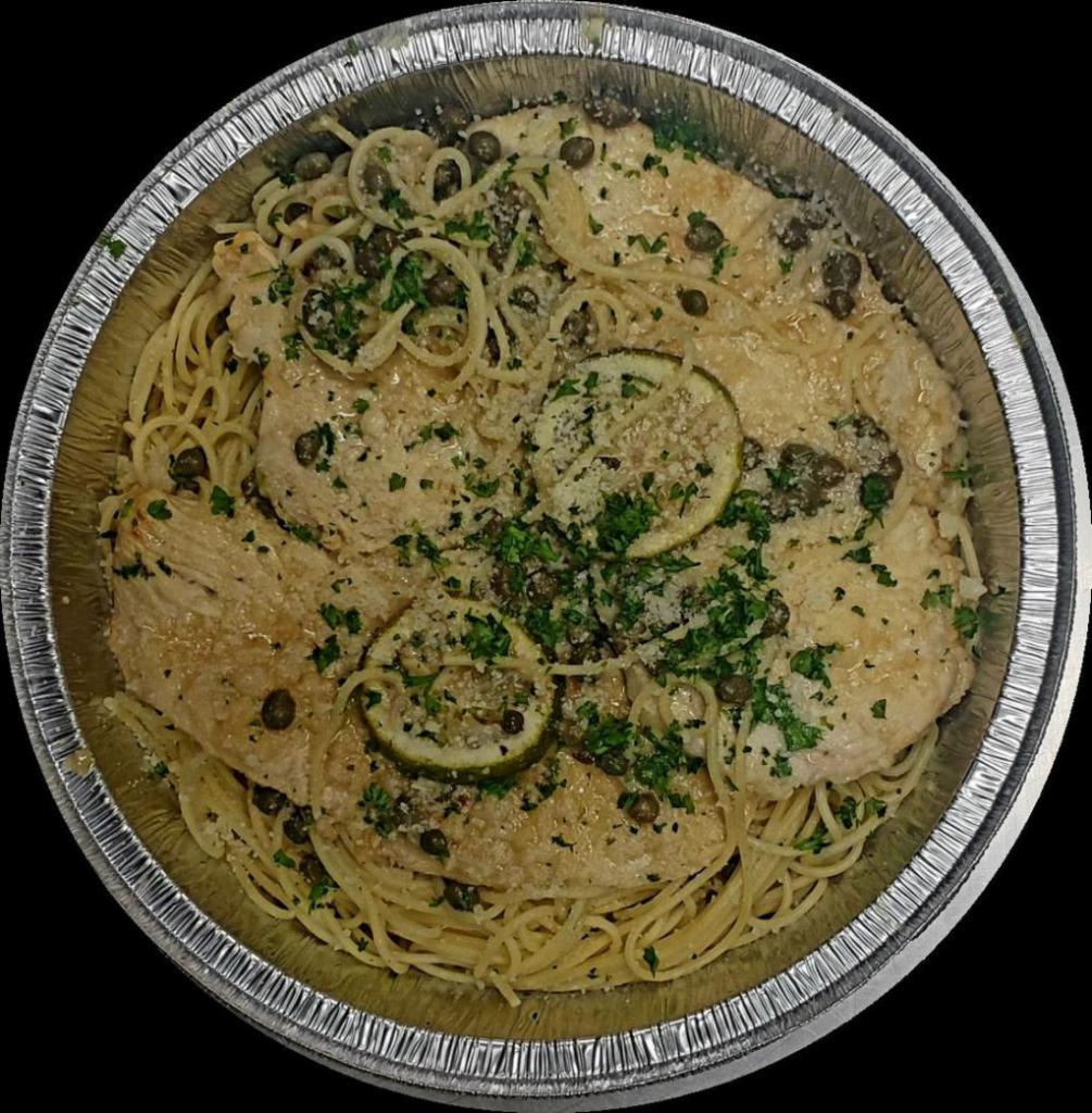 Chicken Piccata · Two Pieces of Marinated Chicken Breast cooked in White Wine, unsalted Butter and Caper Sauce, served with Thin Spaghetti. 