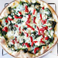Blanco Pizza · No tomato sauce. Ricotta, Romano and mozzarella cheeses, roasted red bell peppers, sauteed o...