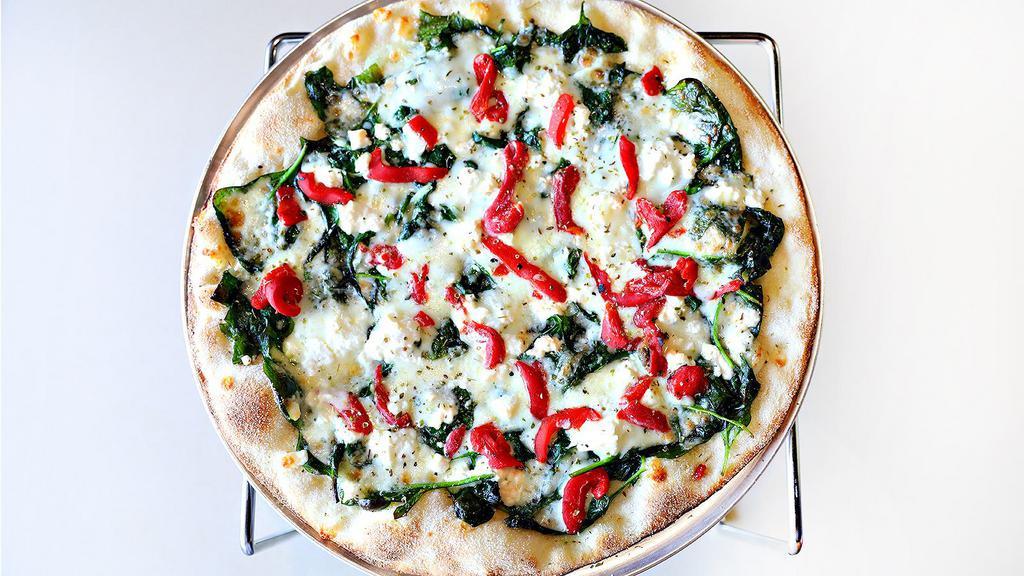 Blanco Pizza · No tomato sauce. Ricotta, Romano and mozzarella cheeses, roasted red bell peppers, sauteed onion and spinach with olive oil and garlic.