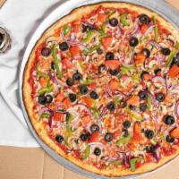 The Garden Pizza · Bell peppers, Black olives, mushrooms, sliced red onions and Roma tomatoes.