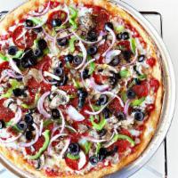 The Works Pizza · Bell peppers, black olives, Italian sausage, mushrooms, pepperoni and red onion.