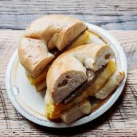 #1. Egg, Monterey Jack and Sausage on a Plain Bagel. · Boiled and baked round bread roll.