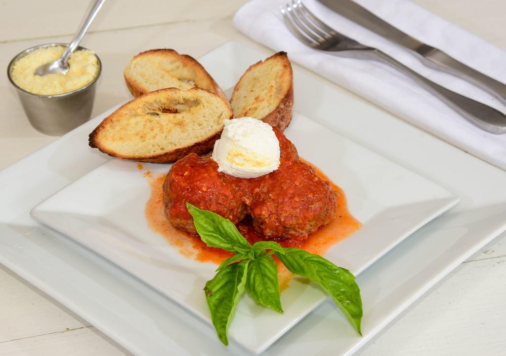 Meatballs · 3 of Dana's meatballs. Served with ricotta cheese, our famous San Marzano tomato sauce and crostini.