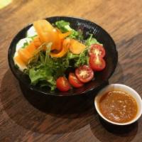 (w) Ginger Salad · artisanal local blend, carrots, cucumber, cherry tomato, ginger dressing