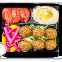 Falafel Plate · 6 pieces falafel served with lettuce, parsley, tomato, tahini sauce, turnip pickles, hummus,...