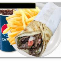 Beef Shawarma Wrap Combo · USDA choice beef, tomato, parsley, onion, tahini sauce, and pickles. French fries, and soft ...